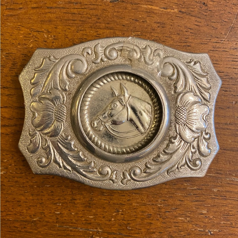 VTG 70s Chambers Belt Co. Silver Horse Head Belt Buckle Coin Holder USA